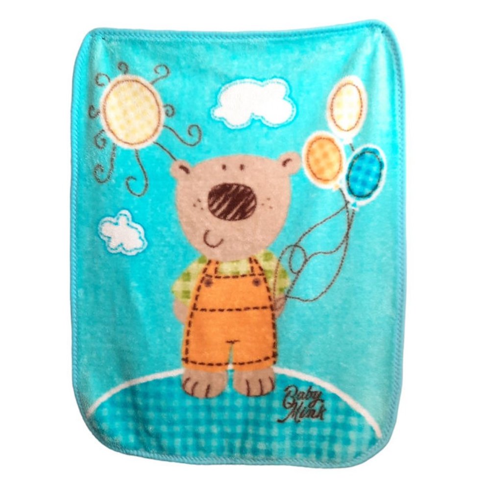 Vintage The World Of Baby Mink Bear Overalls Balloons Carry On Blanket 39" X 29"